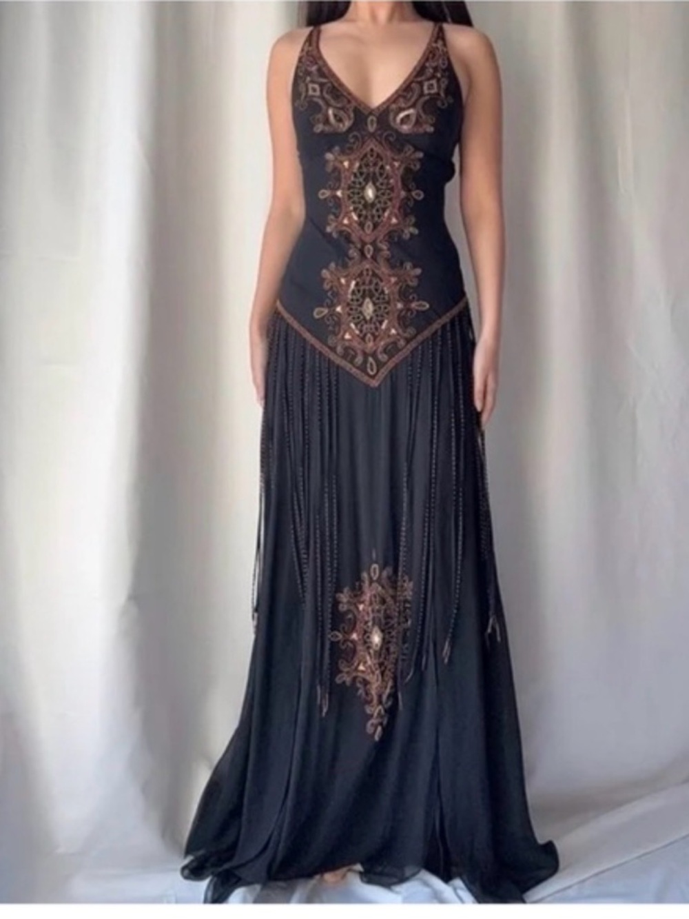 Vintage 1990s Cache Black Maxi Dress with Bronze Bead Embellishment